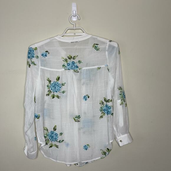 Fig & Flower White Sheer Gauze Button Up Blouse Floral Embroidery Boho Sz PL - Picture 4 of 8